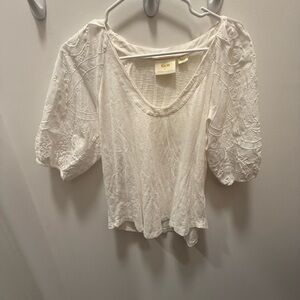 Anthropologie Maeve White Embroidered Puff Sleeves Blouse Size Small